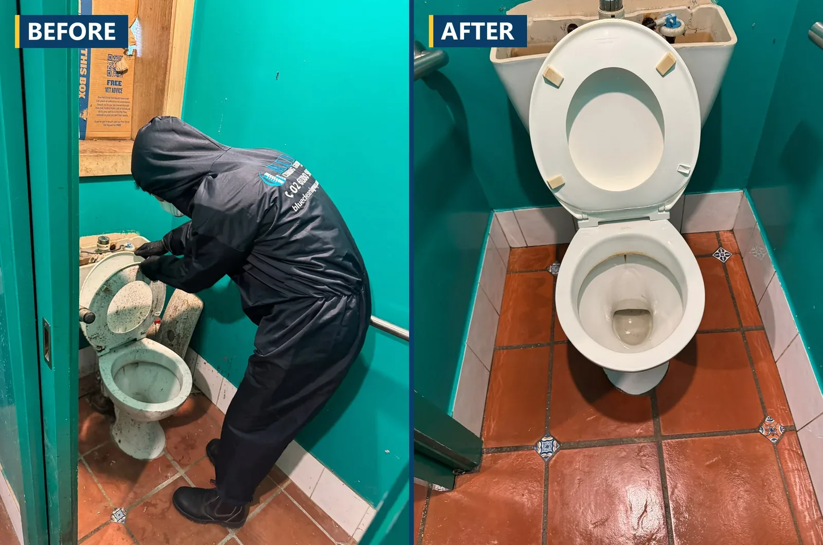 The same toilet cubicle before and after a clean: heavily soiled on the left, finished and washed on the right