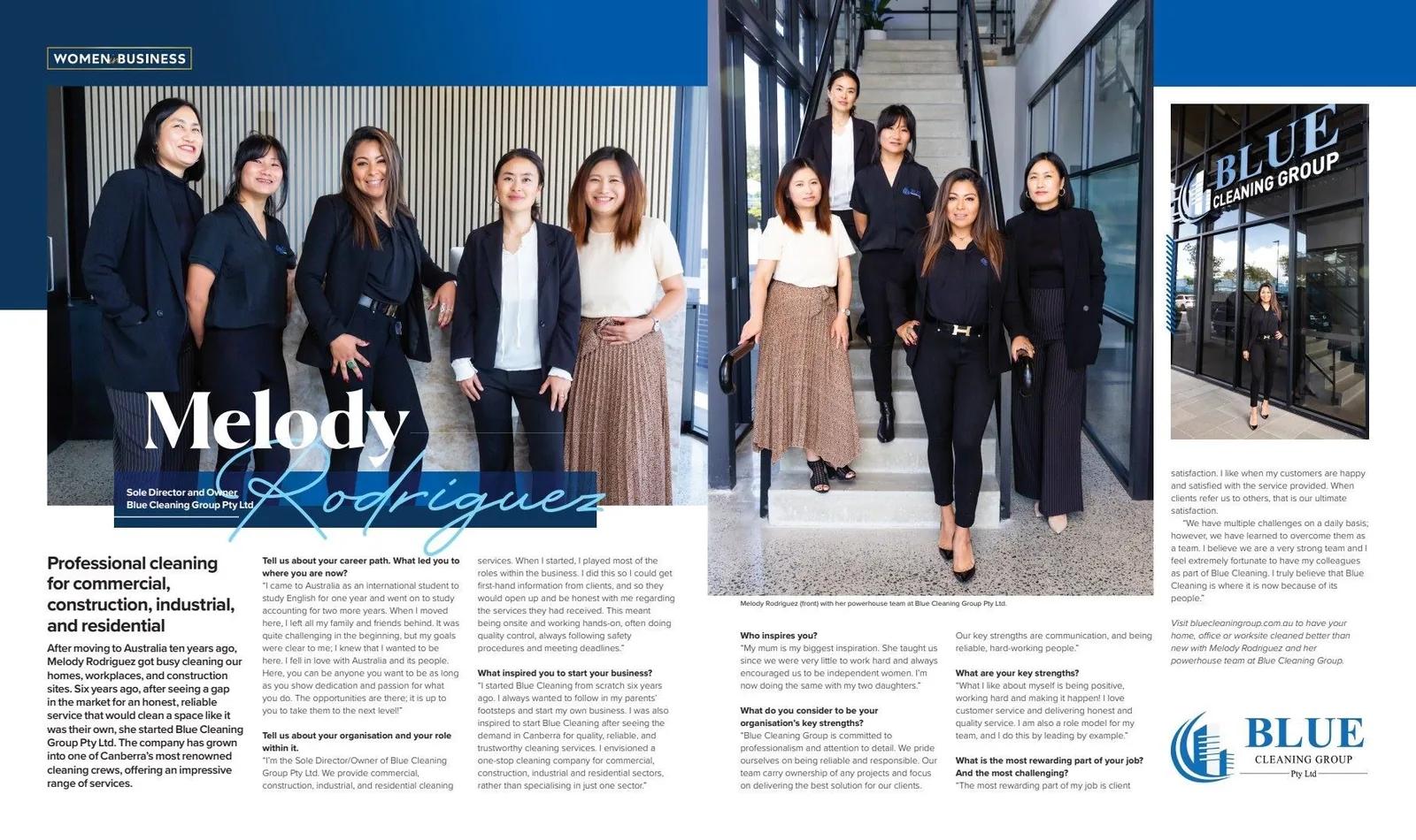 A two-page magazine feature about Melody Rodriguez and the Blue Cleaning Group team